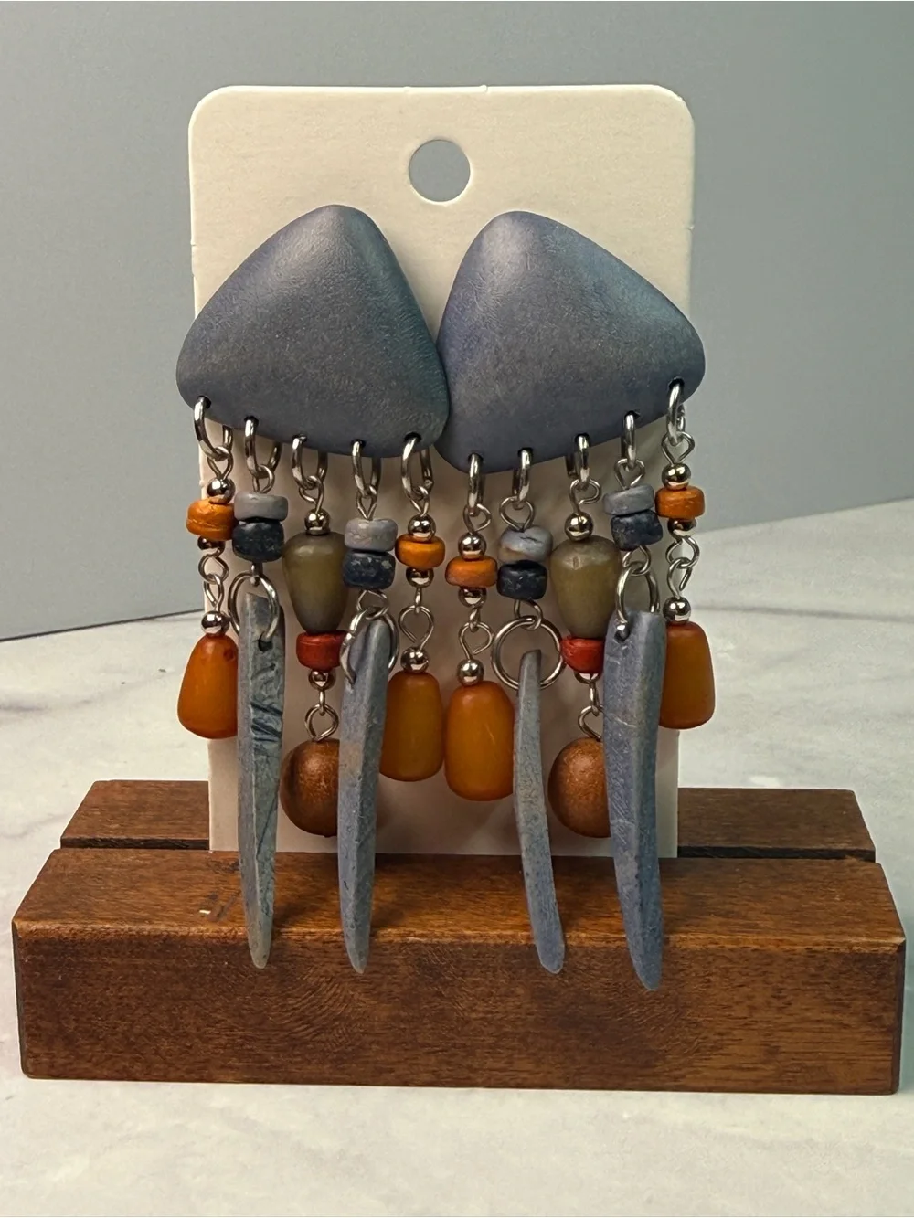 🚨3 for $15🚨 Vintage Boho Wood and Stone Bead Chandelier Dangle Earrings